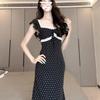 French Temperament Black Waist Slim Square Neck Flying Sleeve Polka Dot Dress Long Dress Women's Summer New