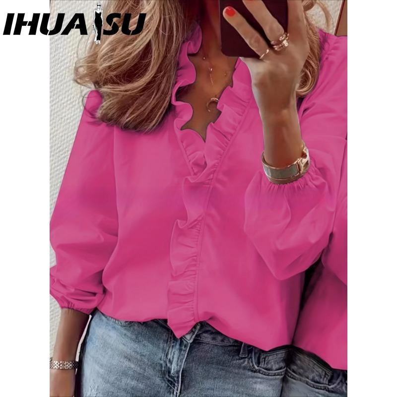 IHUASU Women's Fashion Casual Solid Color Print Long Sleeve V Neck Blouses & Shirts