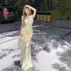 Seaside Vacation Strap Backless Suspender Dress Female Summer Spice Girl Waist Mesh Floral Dress Fishtail Hip-wrapped Long Dress
