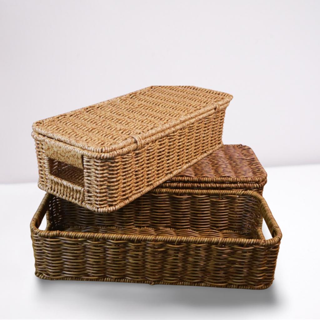 Handwoven Imitation Rattan Wine Basket with Lid Rustic Farmhouse Storage Box for Home Hotel Kitchen Bar Decor Wine Gift Basket