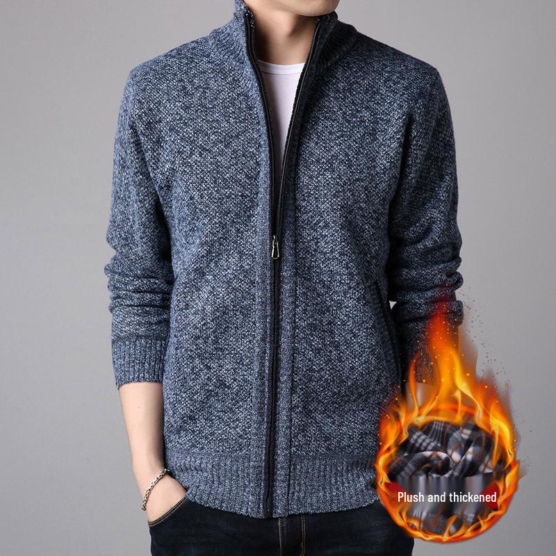 

Мужской теплый кардиган на молнии с флисовой подкладкой - однотонный, воротник-стойка, большой размер, повседневная зимняя одежда. M синий