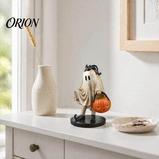 Halloween Ghost Figurine Vintage Figurine, Cute Spooky Resin Statue with Pumpkin Home Decor Bucket And Black Cat for Indoor Kitchen Christmas Holiday