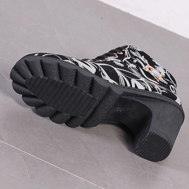 Fashion 2024 New Fashion Round Toe Women's Boots, Versatile Spring and Autumn Mid-calf Side Zipper Printed Comfortable Women's Boots