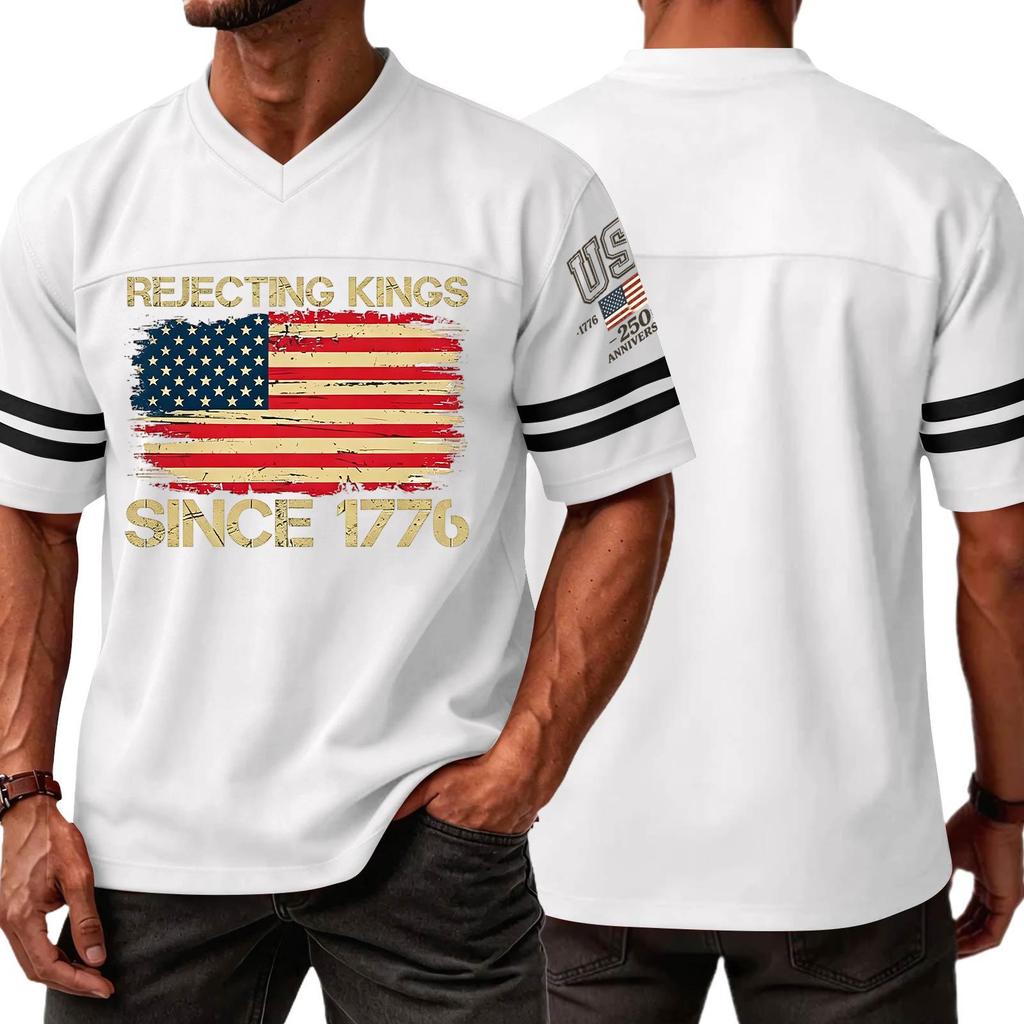 Men's Casual V Neck Short Sleeve Sports T Shirt with Flag and Independence Day Print Suitable for Daily Wear and Outdoor Activities