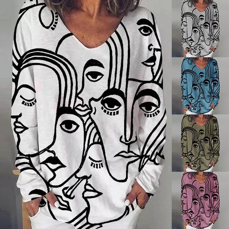 New Women's Fashion Trend Clothing Loose Casual Long Sleeve Character Printed V Neck Shirt & Blouses Plus Size Tops