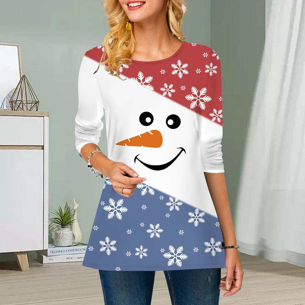 Plus Size Women Flower Elk Deer Print Round Neck Casual Loose Long Sleeve Top