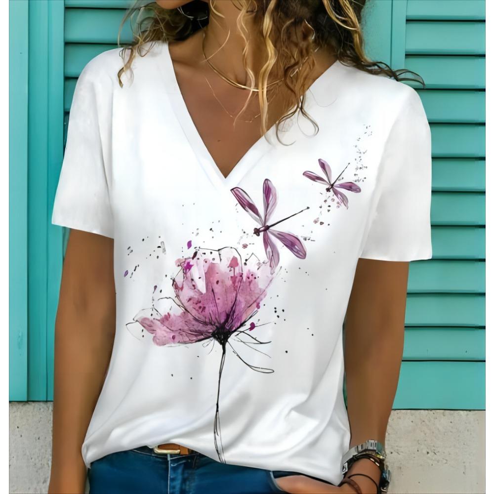 Summer Women V-neck Short sleeved Butterfly 3D Print Top Fashion Large T-shirt Women's Clothing