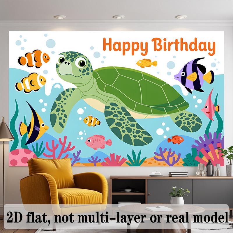 Sea Turtle Birthday Banner, Coral Reef Fish Backdrop Wall Decor for Party