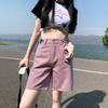 Cowboy Shorts Women's Summer Dirty Purple Five Quarter Mid Length Pants High Waist Loose Wide Legs A-line Hot Pants Slimming Effect