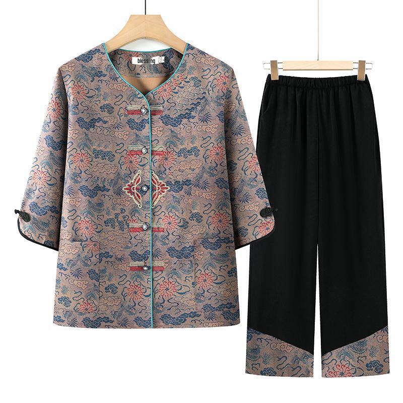 

Embroidered Summer Suit for Middle-Aged and Elderly Women - Mid-Sleeve Top 3XL (115-130 lbs)