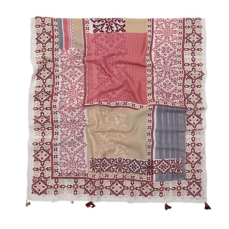Spring and summer new cotton and linen feel hanging beard tassel long scarf pixel printing polyester beautiful shawl women