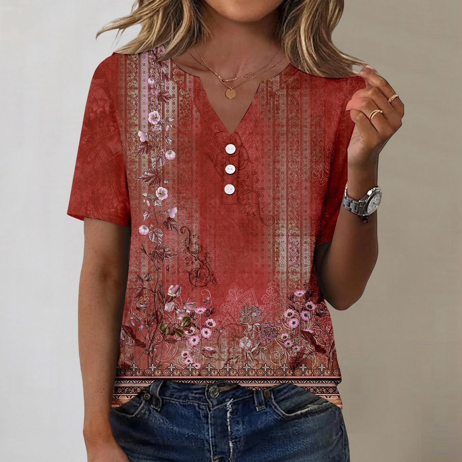 

Женская модная повседневная ретро-футболка с коротким рукавом и V-образным вырезом XXXL винный