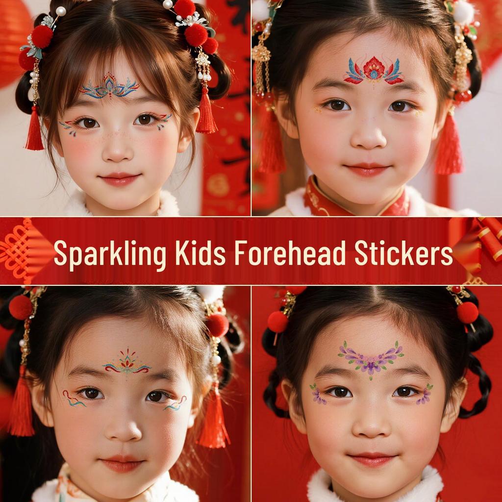 2026 Year of the Horse Non-toxic Glitter Tattoo Stickers for Kids: Colorful Face and Forehead Designs