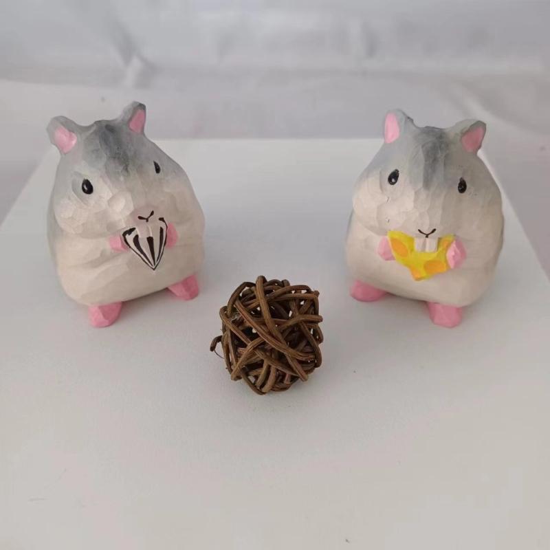 Miniature Foodie Hamster Figurine Fun Wooden Carvings Animal Statue Ornament for Nursery and Bedroom Desktop Decors Gift