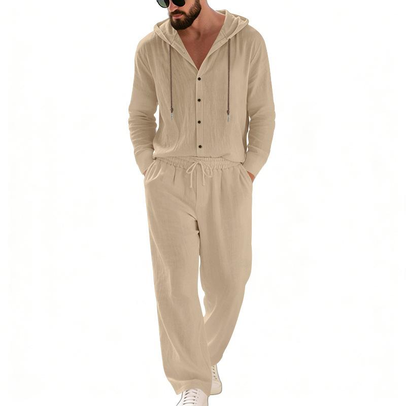Completo casual da uomo in lino a due pezzi: camicia con cappuccio e bottoni e pantaloni a gamba dritta – perfetti per le vacanze al mare in primavera/estate