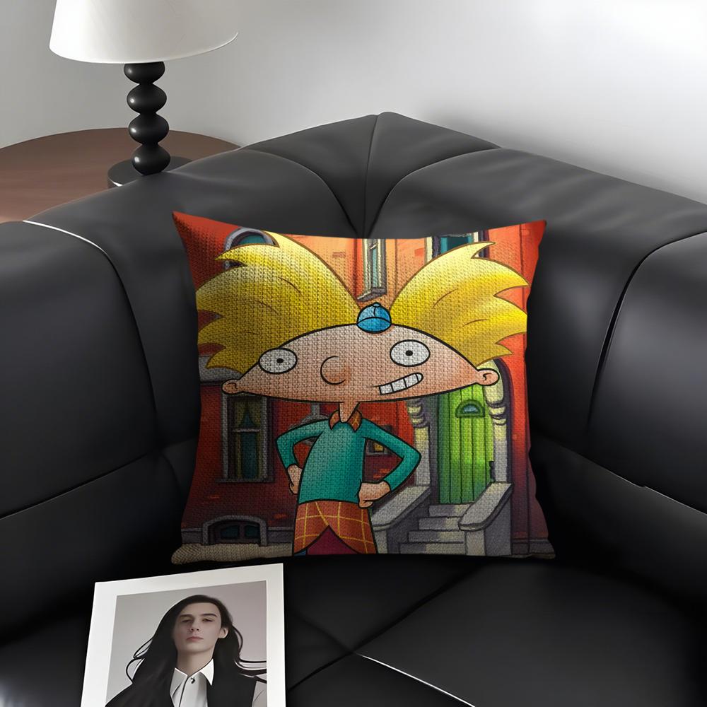 H-Hey Arnold Cartoon Cushion Cover Natural Linen Organic Fabric Double-Sided Printing Sofa Home Decor Gift Pillow Case