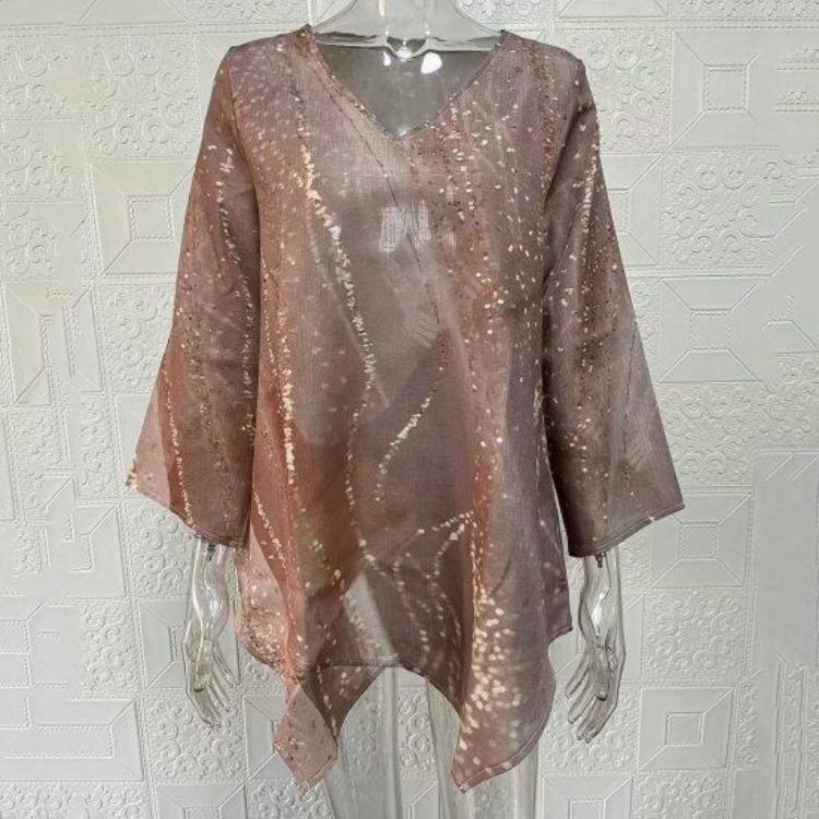 Plus Size Women Casual Loose V Neck Long Sleeve T-shirt with Flower Print Irregular Hem Color Matching Pullover for Spring Fall