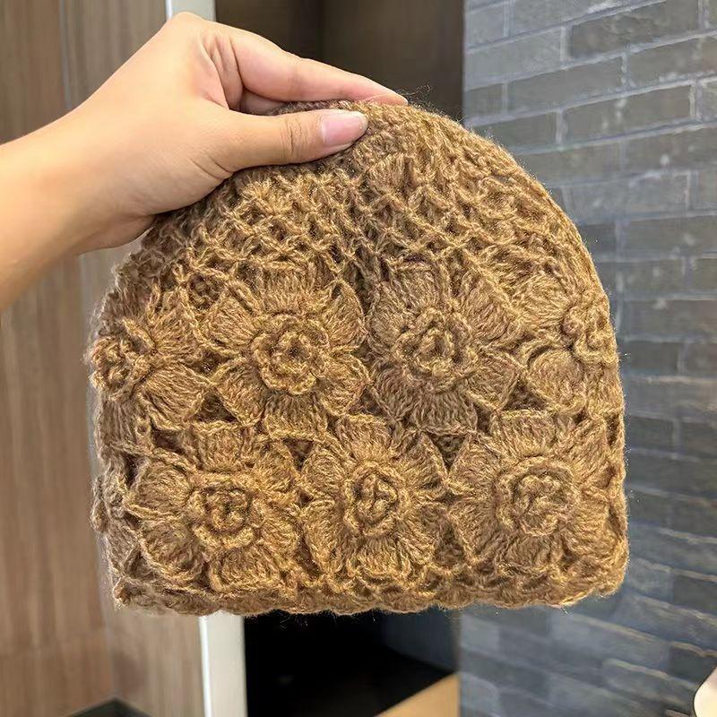 Double Layer Handmade Pullover Hook Flower Hat, Autumn and Winter Flower Knitted Yarn Hat, Warm Hollow Stacking Hat