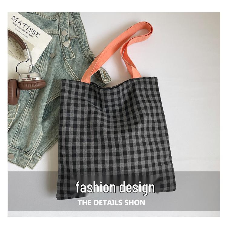 2025 Plaid Canvas Shoulder Bag - Large Capacity, Color Block, Autumn Casual Trend