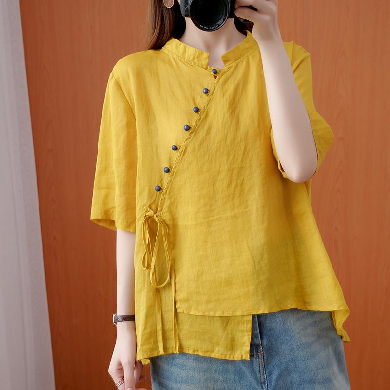 Women s Plus Size Retro Stand Collar Short Sleeve Tie-Up Top with Colorful Buttons One Size жёлтый