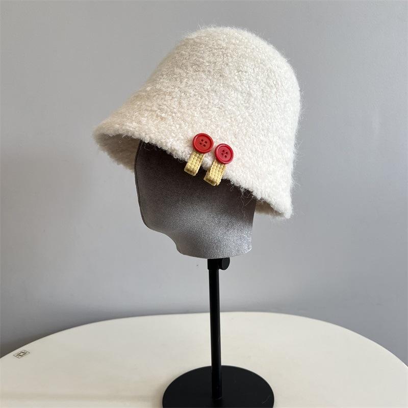 Wool Loop Yarn Thickened Bucket Hat Cute Button Shelf College Wind Small Fresh Warm Fisherman Hat