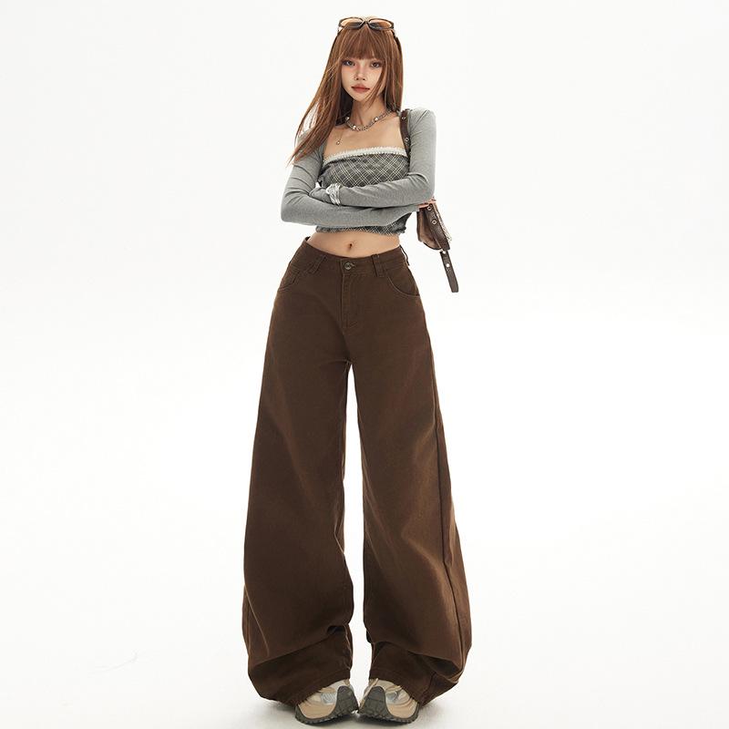 Unisex Retro High-Waisted Wide-Leg Brown Jeans for Pear Shape - Autumn/Winter Collection S