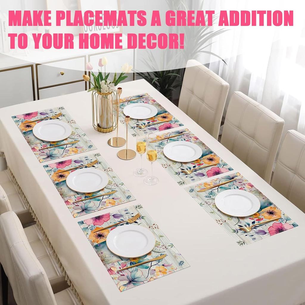 Highland Cow Placemats Set of 6,12x18 Inch Watercolor Floral Linen Place Mat Washable Stain Resistant Table Mats