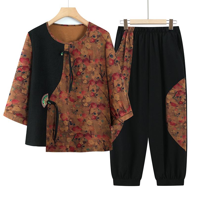 

Elegant Chinese Style Summer Outfit: Plus Size Seven-Sleeve Suit for Middle-Aged & Elderly Women 3XL (Recommended 115-130 jin) червоний