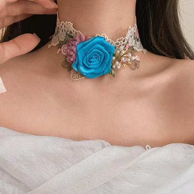 Textured Rose Choker Necklace French Style Sweet Fabric Choker Lace Flower Choker  Take Photo