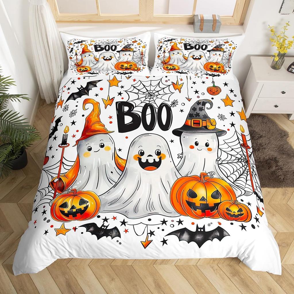 Cartoon Ghost Duvet Cover Scary Halloween Theme Bedding Set Spooky Pumpkin Comforter Cover Skull Skeleton Bed Cover Twin Queen