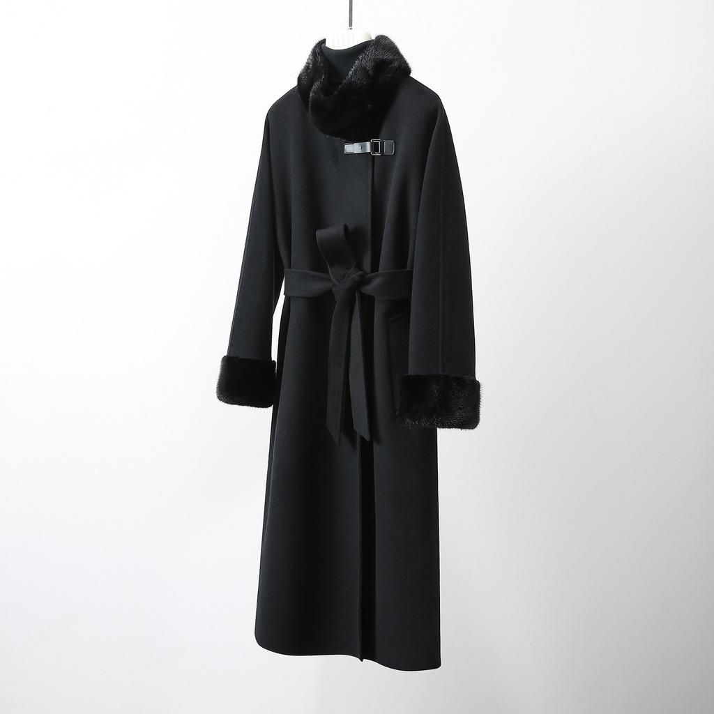 Autumn and winter new simple and fashionable versatile mink hair stand-up collar long-sleeved lace-up design cashmere solid color coat