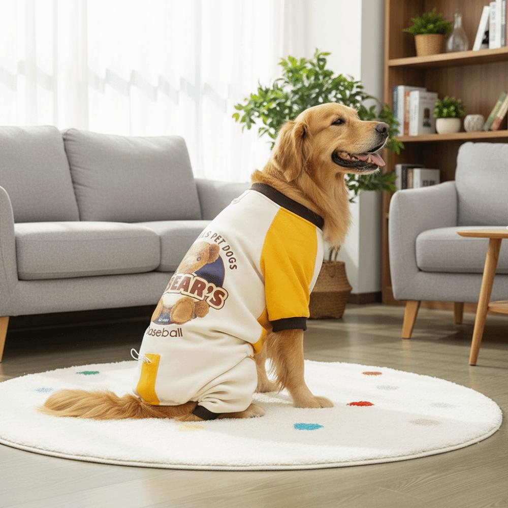 Thickened Dog Jumpsuit Color Block Comfortable Four Legged Clothes with D-Ring Bear Pattern Dog Warm Pajamas Outdoor