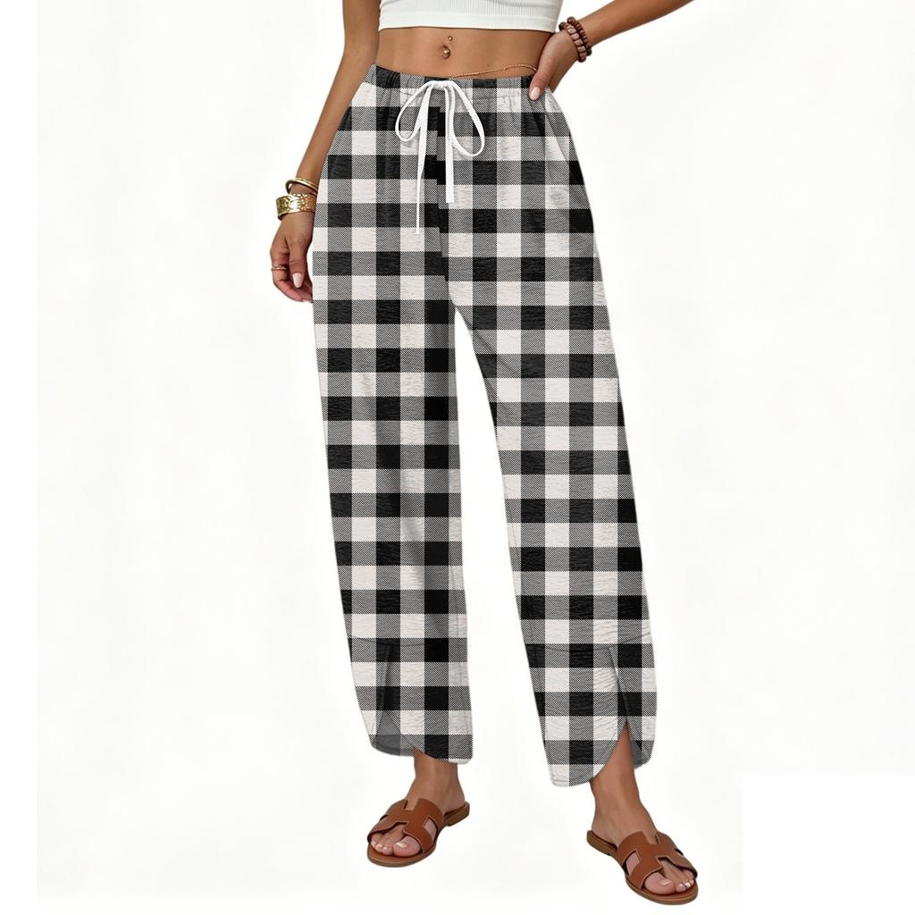 Women Casual Loose Straight Wide Leg Pants with Button and Printed Pattern Drawstring Waist Long Trousers