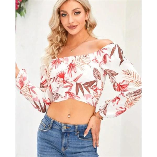 Women's long sleeves off-shoulder one-length neck lantern sleeve printed shirt