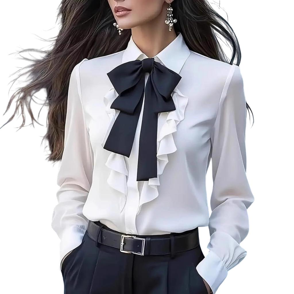 Women Bow Tie Neck Blouse Shirts Long Sleeve Tops