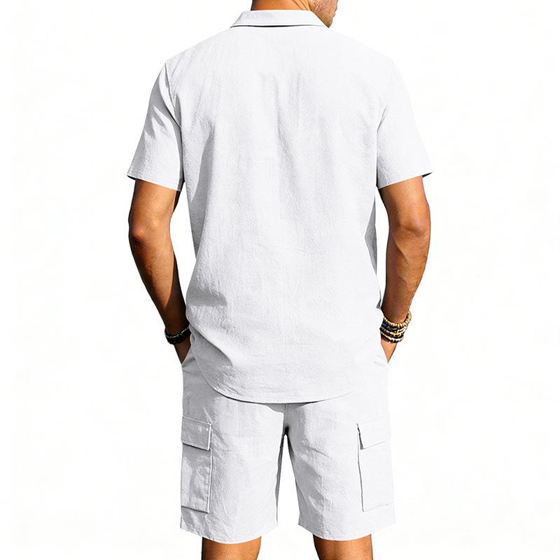 Men's Linen Solid Color Casual Holiday Shirt and Shorts Set