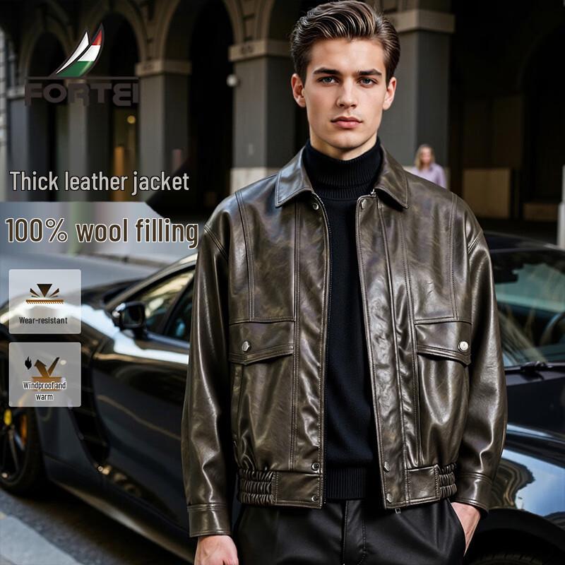 Futing Men s Padded Wool-Lined Faux Leather Winter Jacket L 50