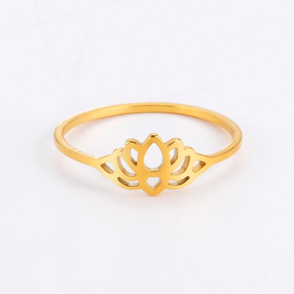 Stainless Steel Lotus Flower Rings for Women Vintage Finger Ring Jewelry Female Wedding Engagement Gift
