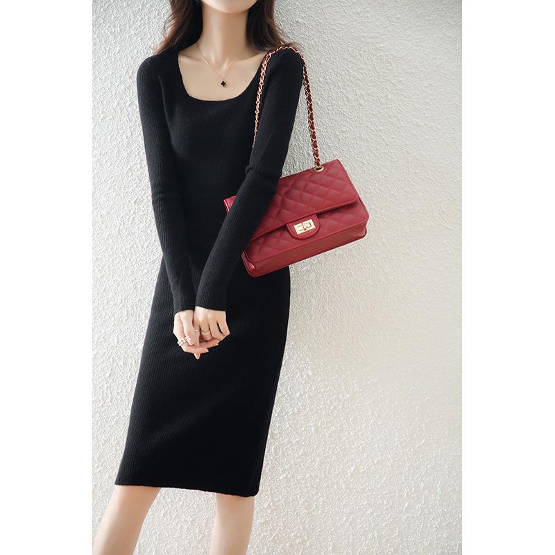Women's Pure Wool Long-Sleeve Knit Dress, Mid-Length, Over-the-Knee, Slimming; Ideal as a Base Layer for Autumn and Winter.