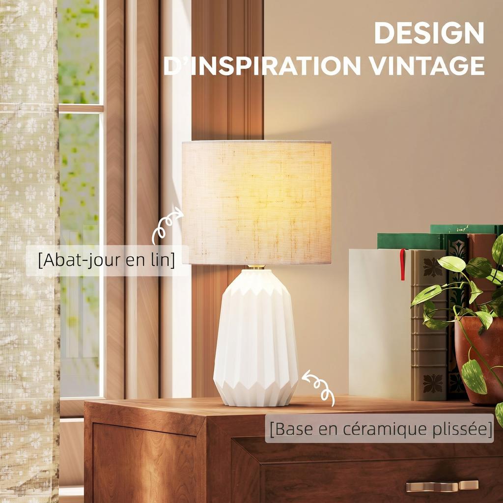 Table Lamp, Ceramic Base, Linen Shade, Switch, E27 Socket, White and Beige