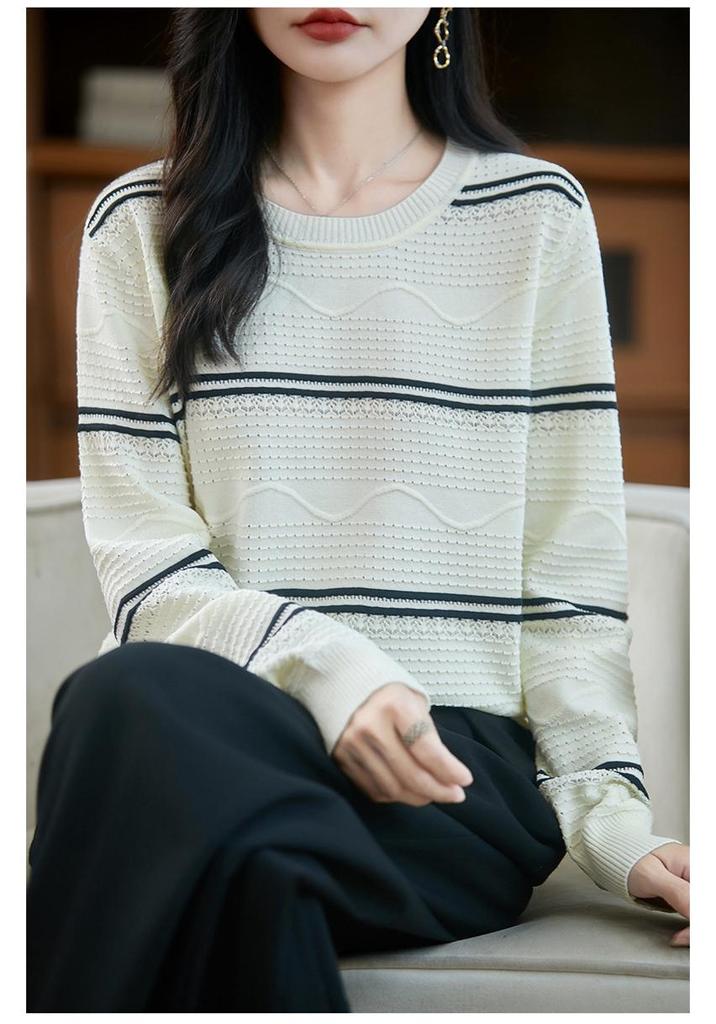 Korean Striped Crew Neck Long Sleeve Knit Sweater for Women - 2025 Autumn Loose Fit