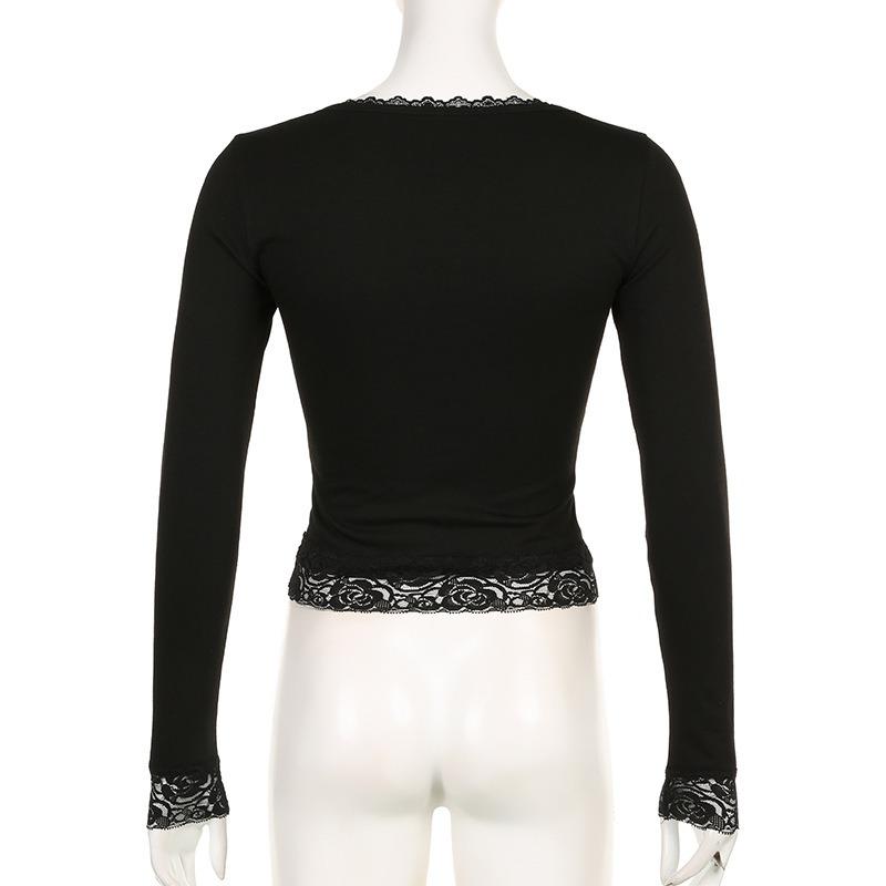 Spring and Autumn Top Hot Girl Style Sexy Lace Bow Stitching Slim Fit Bottoming Top
