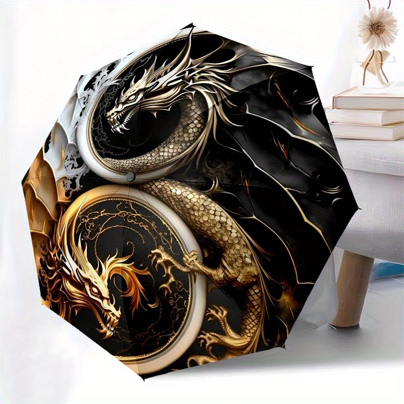 Golden & Silver Dragon Yin Yang Symbol Wall Art Print Umbrella, Cute Umbrella with Cute Design, Portable 3-Fold Compact Umbrella for Men & Women, Vale