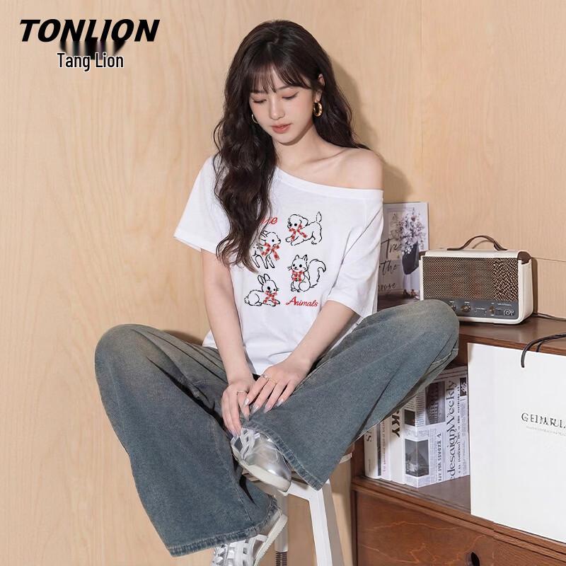 TonLion Women s One-Shoulder Cartoon Print Short Sleeve T-Shirt S