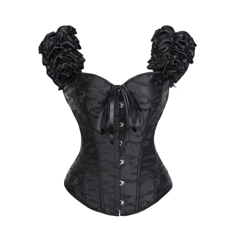 Black Jacquard Corset Top With Puff Sleeves And Bow Front Hook Boned Bustier For Women