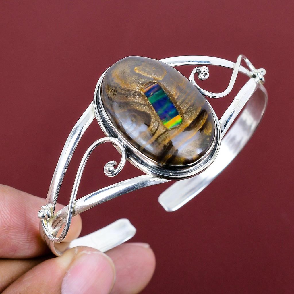 Ethopian Opal In Boulder Opal Gemstone Cuff Bracelet 925 Sterling Silver Bangle Adjustable Cuff Bracelet Handmade Jewelry Anniversary Gifts