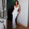 Women European American Style Solid Color V Neck Sleeveless Hollow Out Bodycon Long Dress