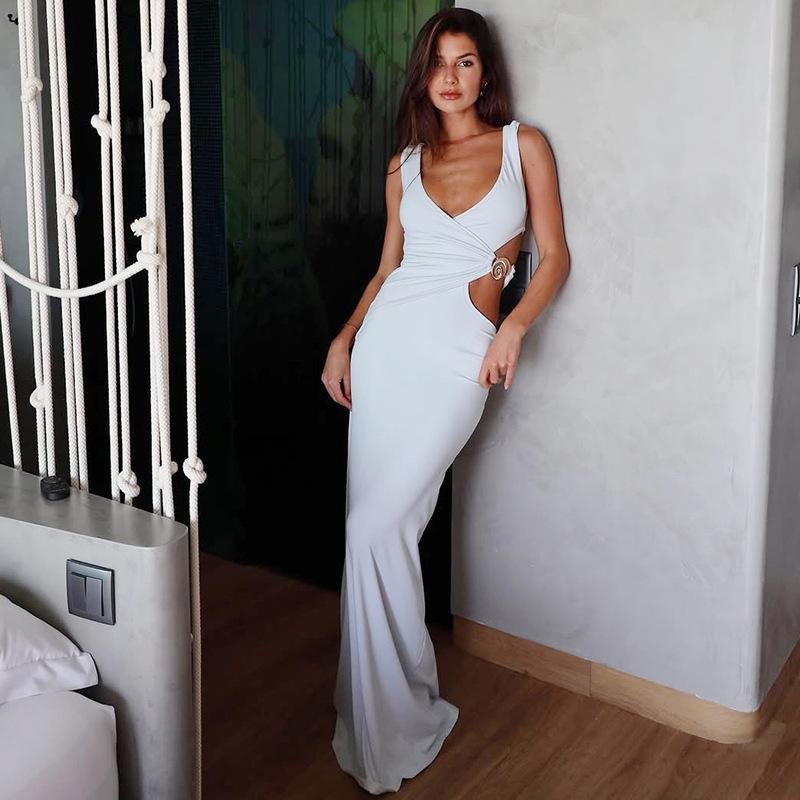 Women European American Style Solid Color V Neck Sleeveless Hollow Out Bodycon Long Dress