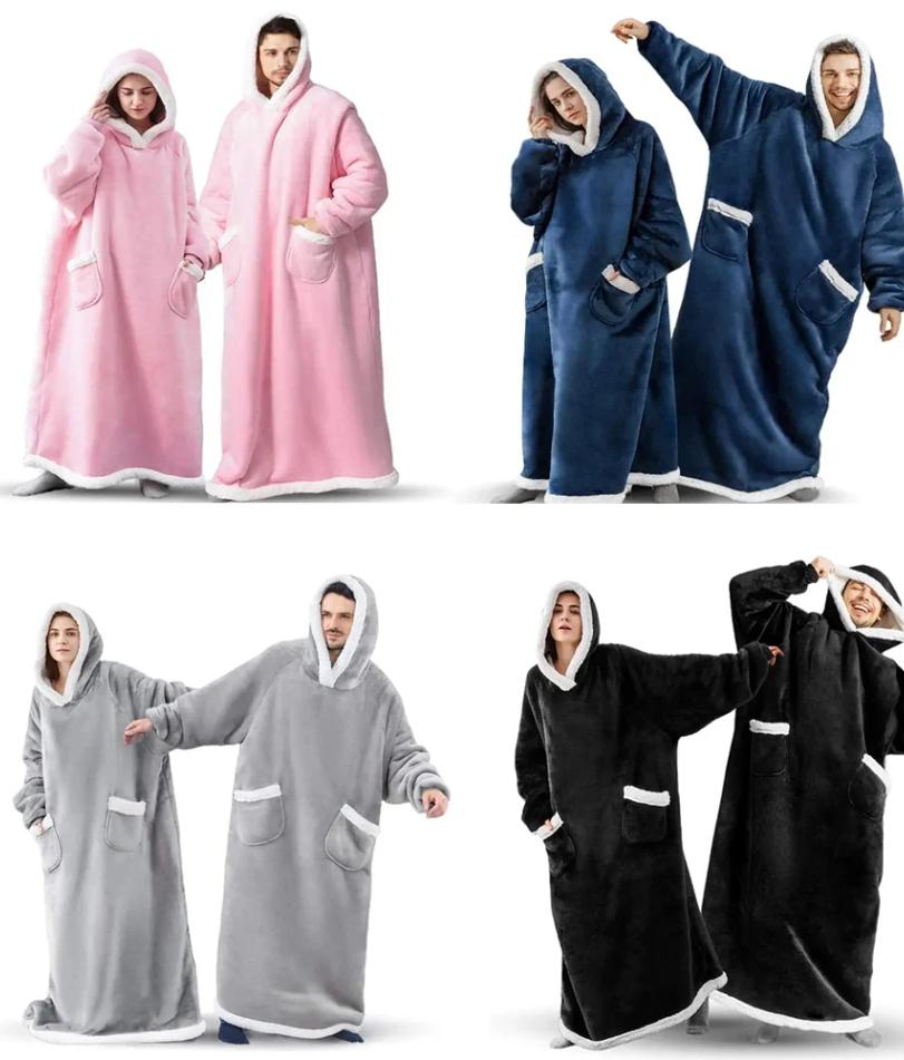 180cm Super Long Flannel Blanket Pyjamas with Sleeves Winter Hoodies Sweatshirt Women Men Pullover Fleece Giant Oversized Outdoo