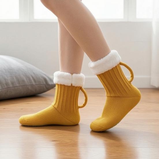 Indoor Non-slip Walking Socks Women's Knitted Slipper Socks, Soft Plush Lined Mid-Length Winter Breathable Polyester Lounge Thermal with Handle